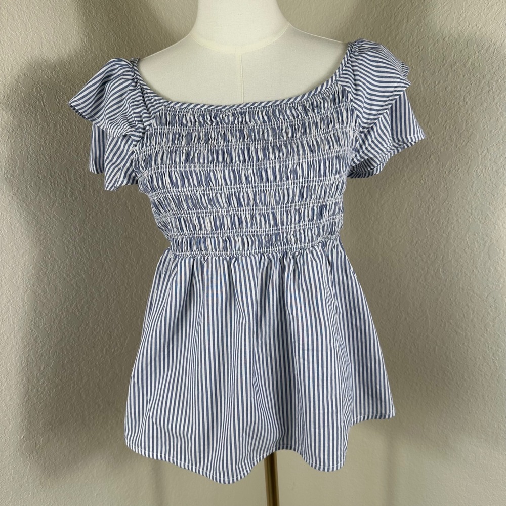 Noflik Smocked Top Womens M Blue White Striped Flutter Sleeve Peplum Cottagecore